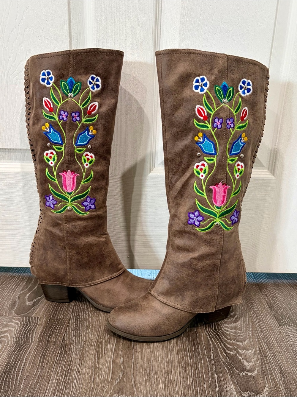 Embroidered Brown Knee-High Women's Boots